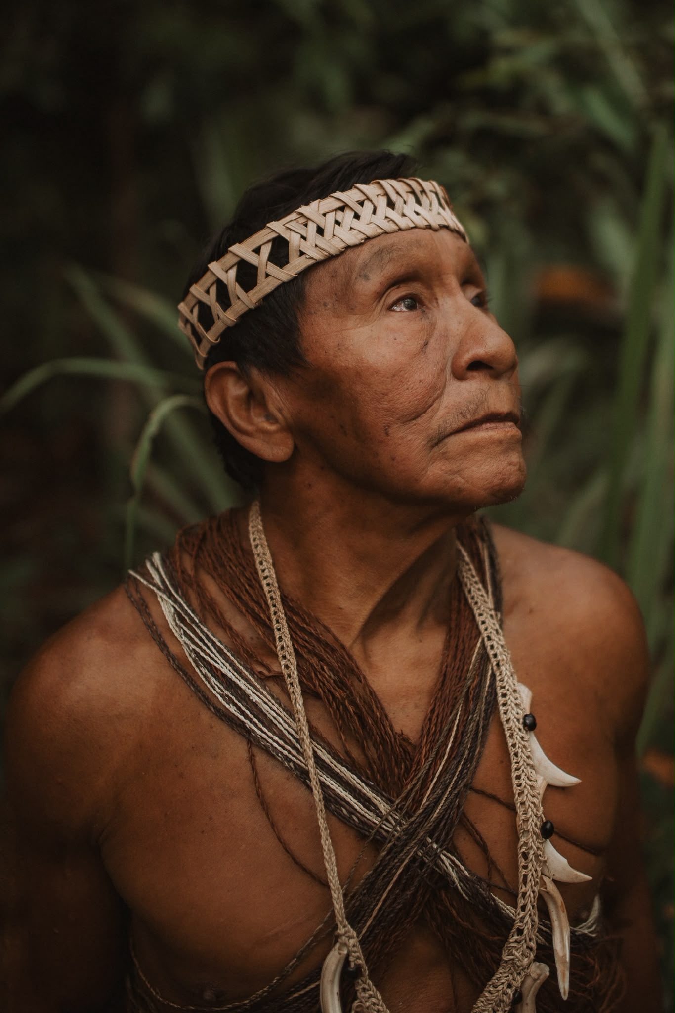 Anciano Waorani con tocado tradicional